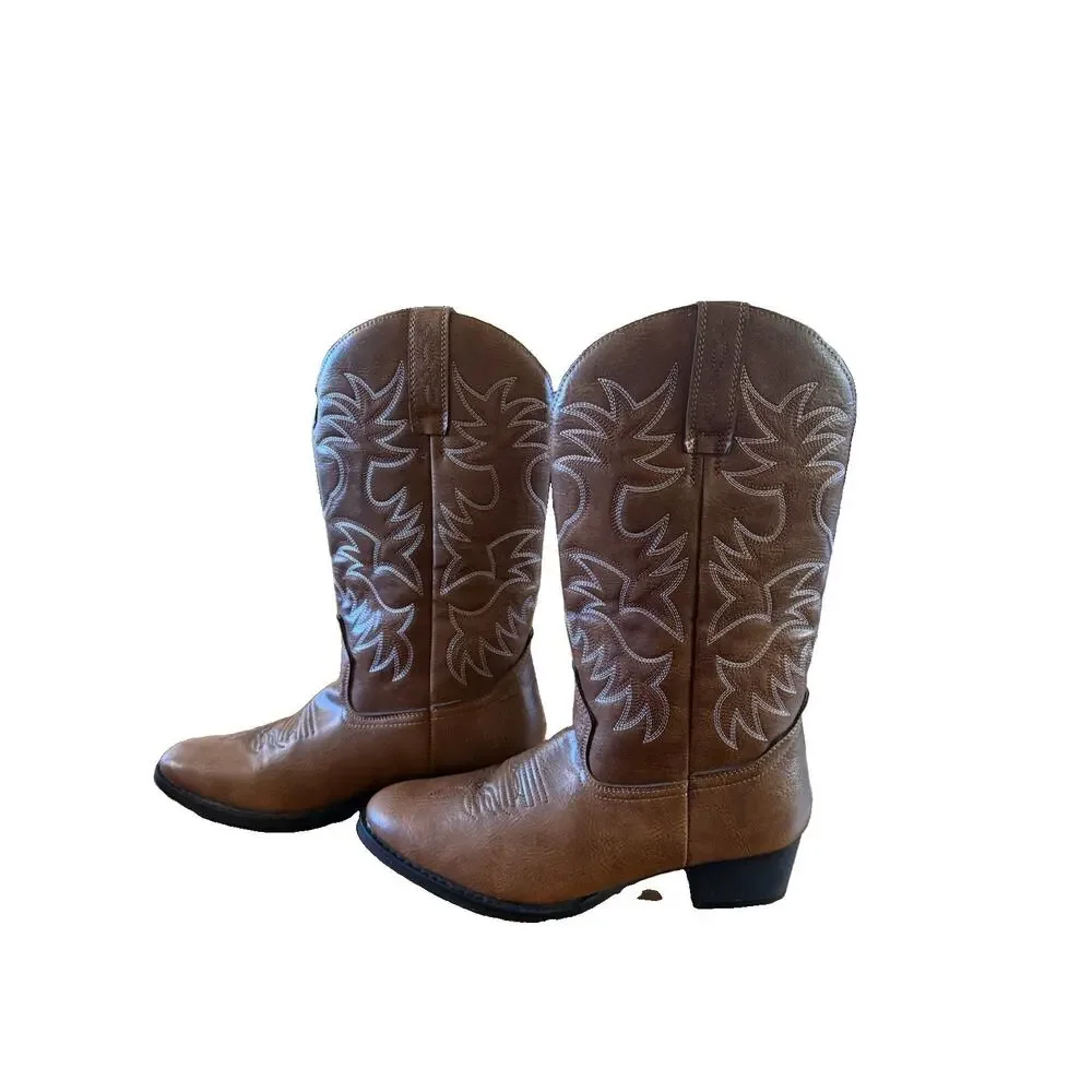 XDR Brown Leather Cowboy Boots Mens 9 / Womens 10.5 Round Toe Western 6080